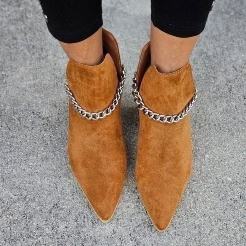 Tan Women’s Faux Suede Chelsea Boots Block Heel with Silver Chain Detail - Picture 3 of 5